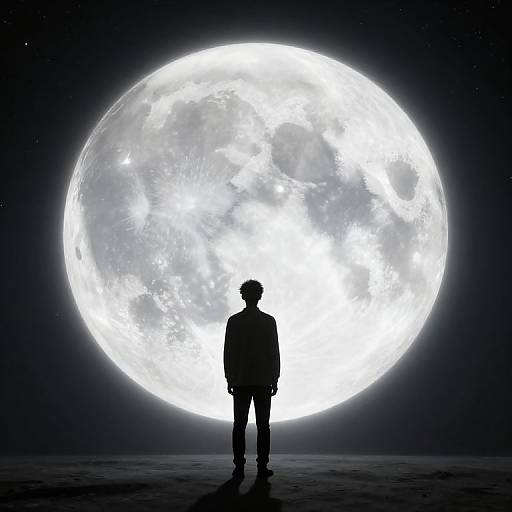 Silhouetted person with hat stands before enormous, luminous full moon in dark, starry sky. Digital art, high contrast, celestial theme