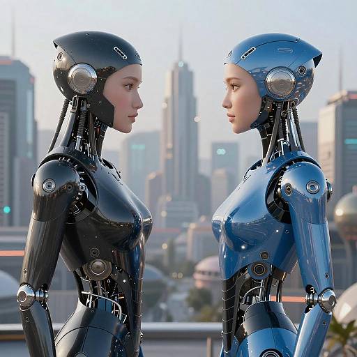 Futuristic Androids in Surreal Cityscape