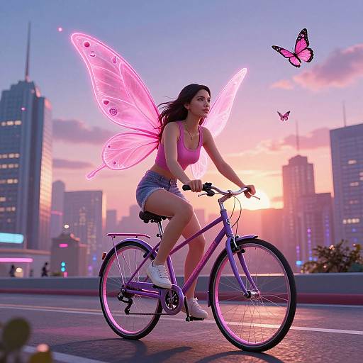 Digital artwork of a fairy girl with pink wings, pink top, denim shorts, riding a pink bike, with pink butterflies, at sunset in a city