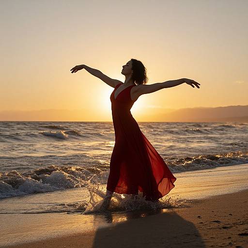 Photograph: Silhouetted woman in red dress dancing on beach at sunset, arms outstretched, waves gently touching her feet, golden sky