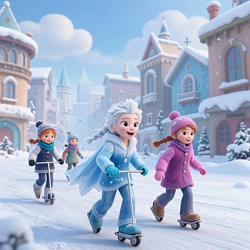 CGI image of three children ice skating in a snowy, fairy-tale village; central girl with blue ice queen outfit, pink-hatted girl to