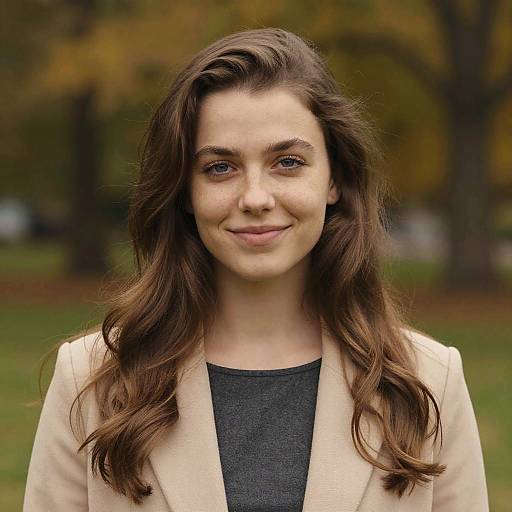 Photograph of a young woman with fair skin, brown wavy hair, blue eyes, wearing a beige blazer over a dark gray top, smiling