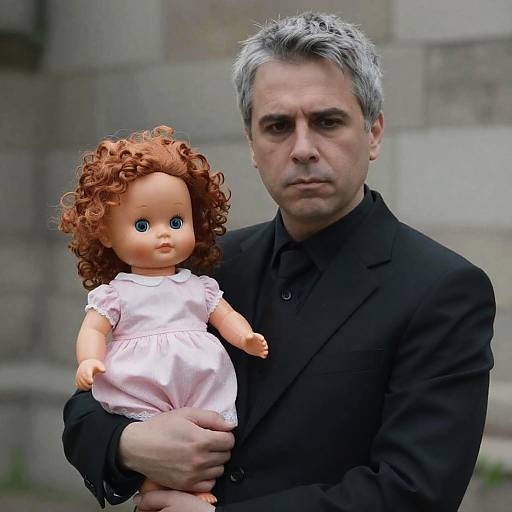 Serious Man Holding a Red-Haired Doll