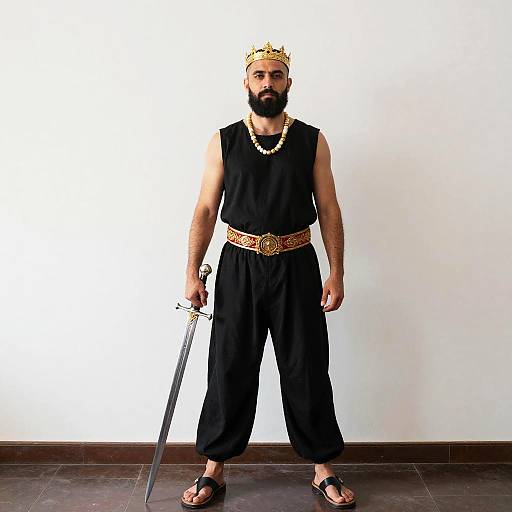 Photograph of a bearded man with dark skin, wearing a gold crown, black sleeveless tunic, gold necklace, and wide pants, holding