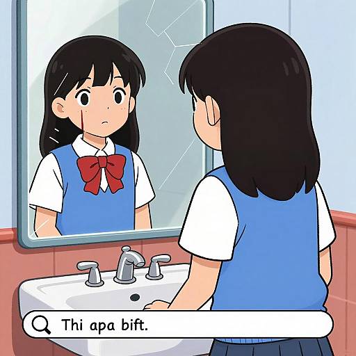 Animated Girl with Bleeding Reflection in Broken Mirror
