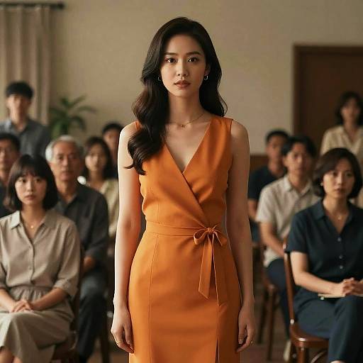 Woman in Orange Dress Standing in Room