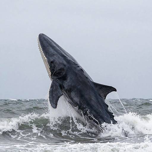 Photograph of a large, dark grey orca whale leaping out of choppy ocean waves, splashing white water against a pale blue sky.