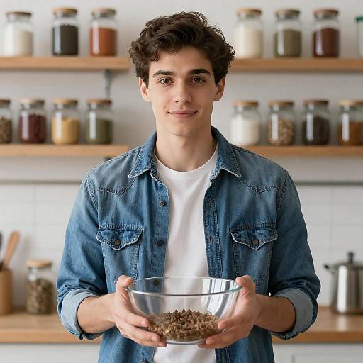 Young Man Holding Mixing Bowl in Kitchen