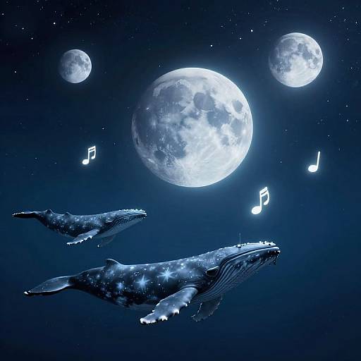 Digital art: Two blue, starry whale creatures swim under three glowing moons, surrounded by floating musical notes, in a dark, starry night sky