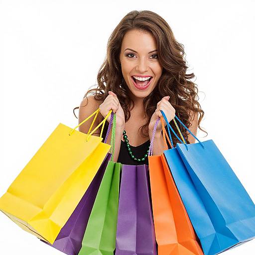 Smiling woman with curly brown hair, wearing a black top, holding colorful shopping bags (yellow, green, purple, orange, blue) against a