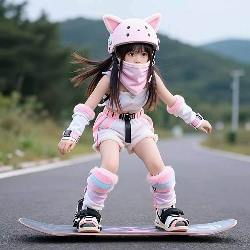 Photograph of an Asian girl with long black hair, wearing a pink cat helmet, white outfit, pink and white leg warmers, and black skate