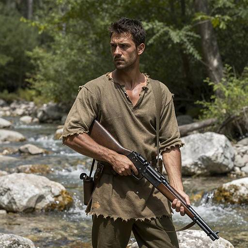 Rugged Marksman in Rocky Forest Stream