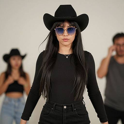 Photograph of an Asian woman with long black hair, wearing a black hat, sunglasses, black long-sleeve top, and high-waisted