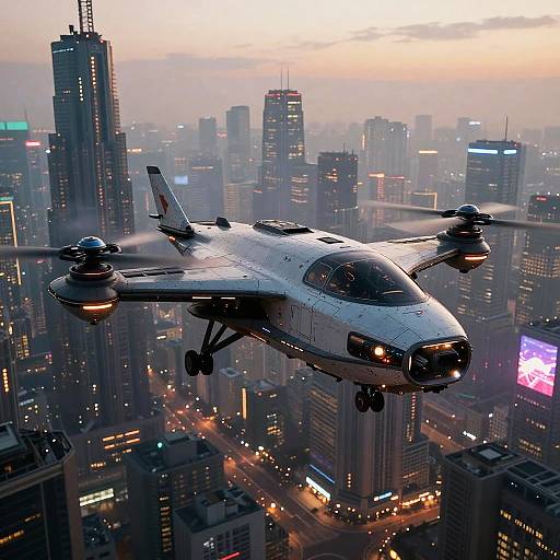 Futuristic VTOL Dropship Over Cyberpunk City