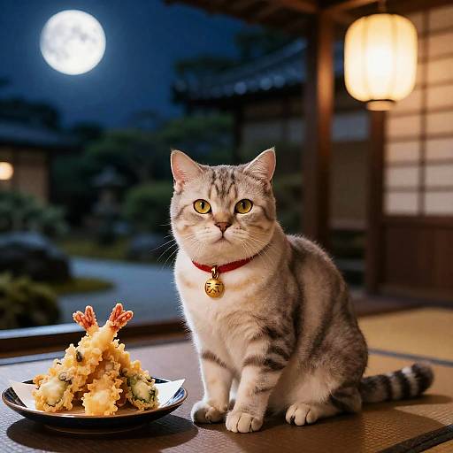 Manx Cat Sitting by Tempura on Japanese Teahouse Veranda