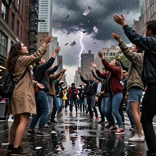 Photograph: Diverse group of people in urban street, raising hands, scattering dollar bills amid rainstorm with lightning in stormy sky.