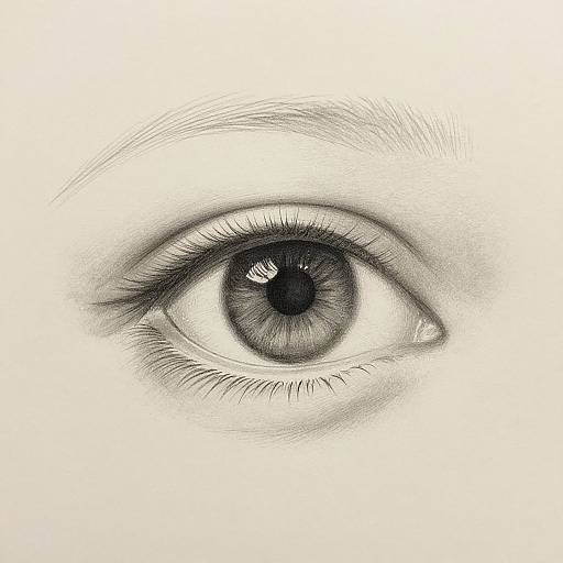 Detailed black-and-white pencil drawing of a human eye with a striking blue-gray iris, realistic eyelashes, and subtle shading.