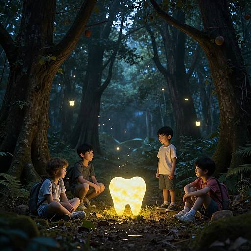 Photograph of four children sitting around a glowing, white, animal-shaped lantern in a dark, enchanted forest with hanging lanterns.