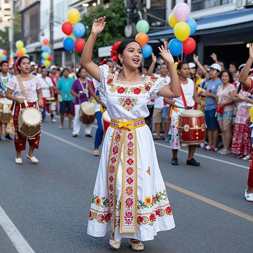 Photograph of a joyful Latina woman in a white embroidered dress with red flower hairpiece, dancing in a colorful parade with balloons, drummers, and