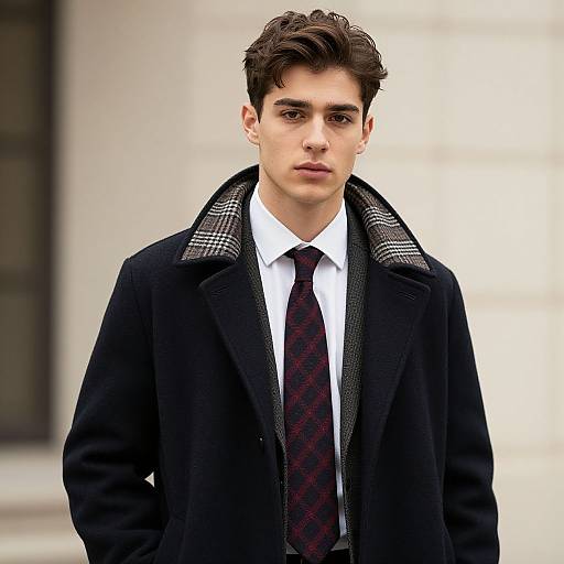 Photograph of a young man with dark hair, wearing a black overcoat with checkered lining, white shirt, and red plaid tie, standing