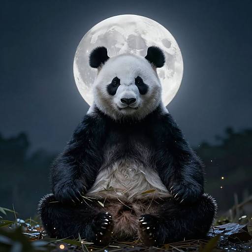 Photograph of a panda with black and white fur, sitting against a glowing full moon, holding grass, in a dark forest.