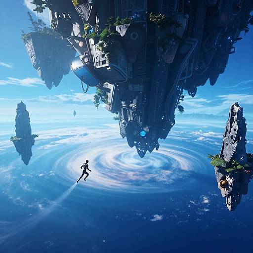 Digital art of a futuristic skydiver in blue suit descending towards a swirling vortex beneath floating, metallic, tree-covered city structures. Bright blue sky with