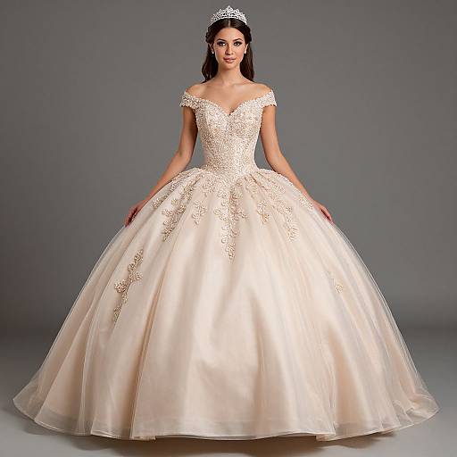 Photograph of a fair-skinned woman with dark hair, wearing an off-shoulder, ivory, lace-embellished ball gown and a