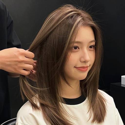 Photograph of an Asian woman with straight, brown hair being gently brushed by a hand, wearing a white top, smiling subtly, against a dark background