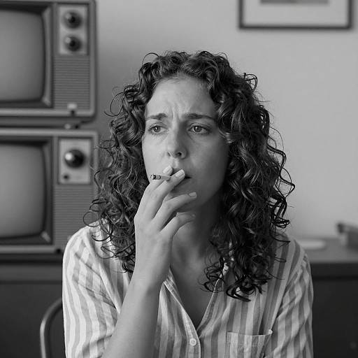 Concerned Woman Smoking Cigarette Indoors