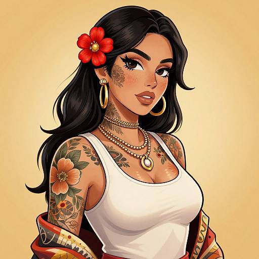 Digital art of a tattooed Latina woman with black hair, red flower, hoop earrings, white tank top, and floral tattoos. Yellow background.