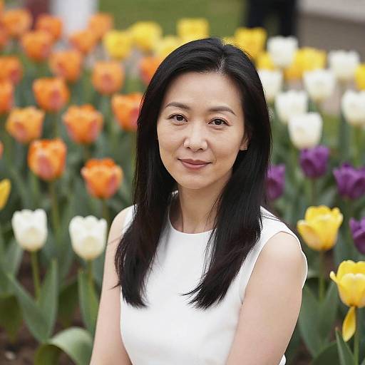 Photograph of an Asian woman with straight black hair, wearing a white sleeveless top, smiling in a colorful tulip garden.