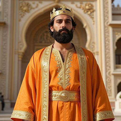Photograph of a bearded Middle Eastern man with dark hair wearing an orange, gold-embroidered robe and crown, standing in front of an
