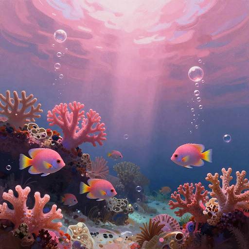 Photograph of vibrant underwater scene with pink and yellow fish swimming among colorful coral reefs, illuminated by sunlight rays, bubbles ascending.