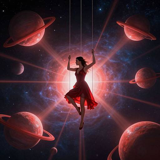 Silhouetted woman in red dress, suspended by strings, amidst glowing red planets and a bright sun in a starry space. Digital art.