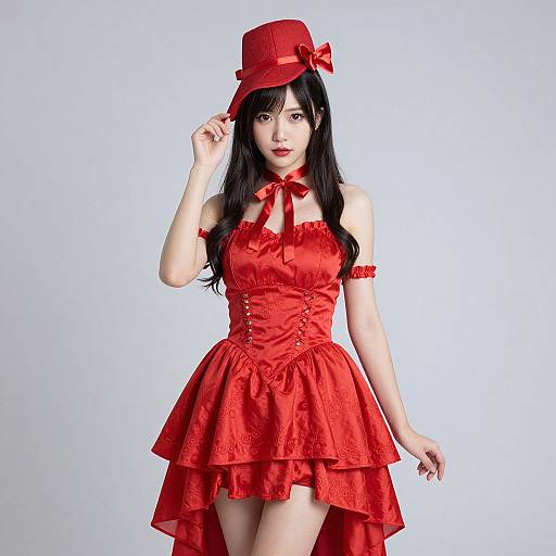 Photograph of an Asian woman with long black hair, wearing a red, ruffled, tiered dress and matching hat with a bow, against a