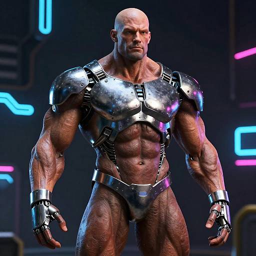 Muscular Humanoid Robot in Neon Futuristic Setting