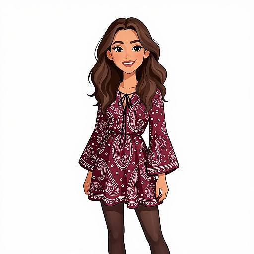 Digital illustration of a smiling young woman with long brown hair, wearing a burgundy paisley-patterned dress and black leggings.