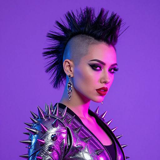 Digital portrait of a punk woman with a shaved side mohawk, spiked leather jacket, purple and pink neon lighting, and bold red lipstick, against a