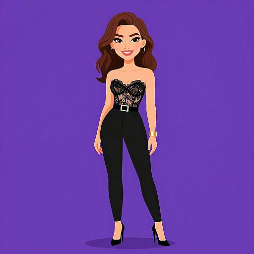 Digital illustration of a confident woman with wavy brown hair, wearing a black lace strapless top, black high-waisted pants, and black heels