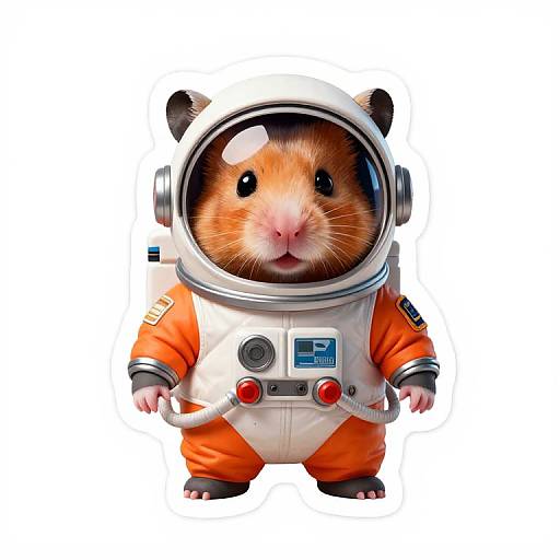 Cute CGI image of a hamster in a small astronaut suit with a large helmet, standing against a white background.
