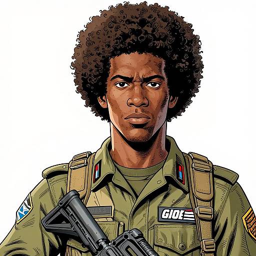 Digital comic-style drawing of a serious Black man with an afro, wearing a green military uniform, holding a gun, badges, and patches, white