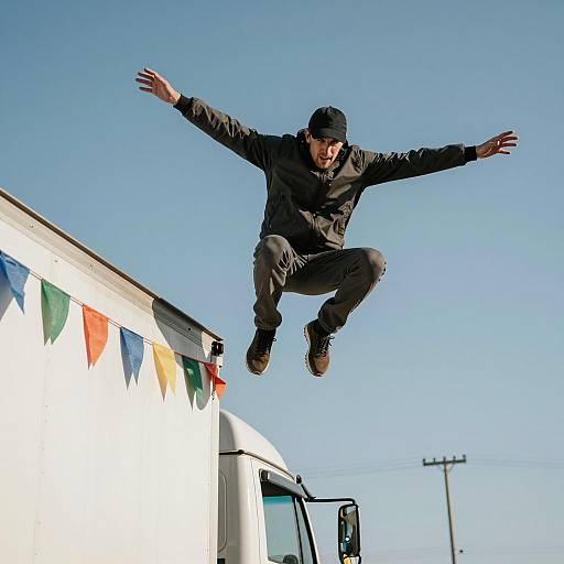 Daring Leap: Man in Flight from Truck