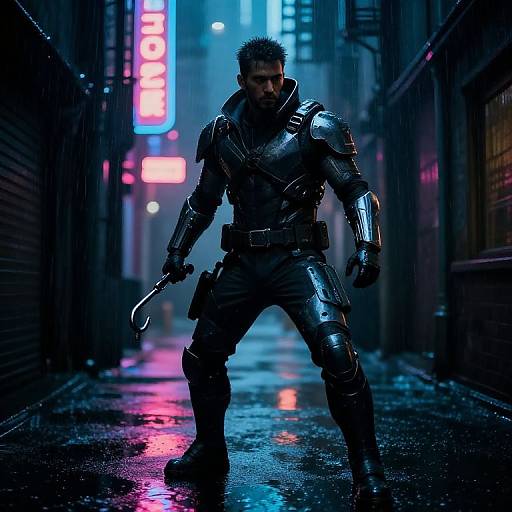 Cyberpunk scene: muscular man in black, shiny armor, holding knife, standing in rain-soaked alley with neon 