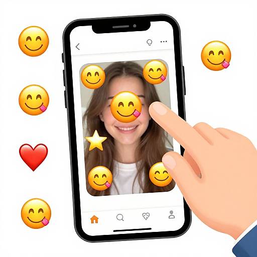 Photograph of a smartphone with a smiling girl's face, obscured by smiley faces and a heart, touched by a finger.