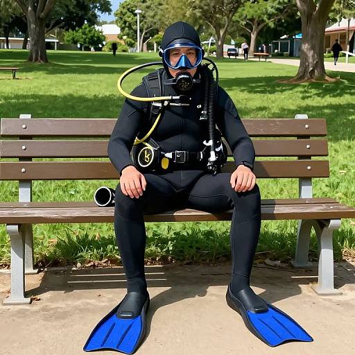 Photograph of a scuba diver in full gear, including mask, snorkel, black wetsuit, and blue flippers, sitting on a