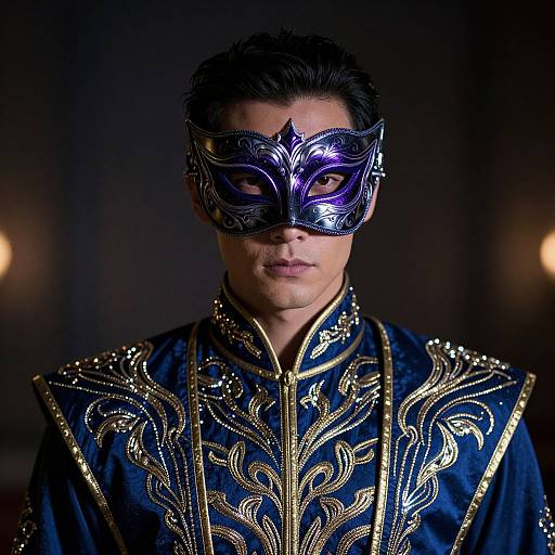 Photograph of a man with dark hair, wearing a detailed, metallic purple masquerade mask and an ornate, gold-embroidered dark