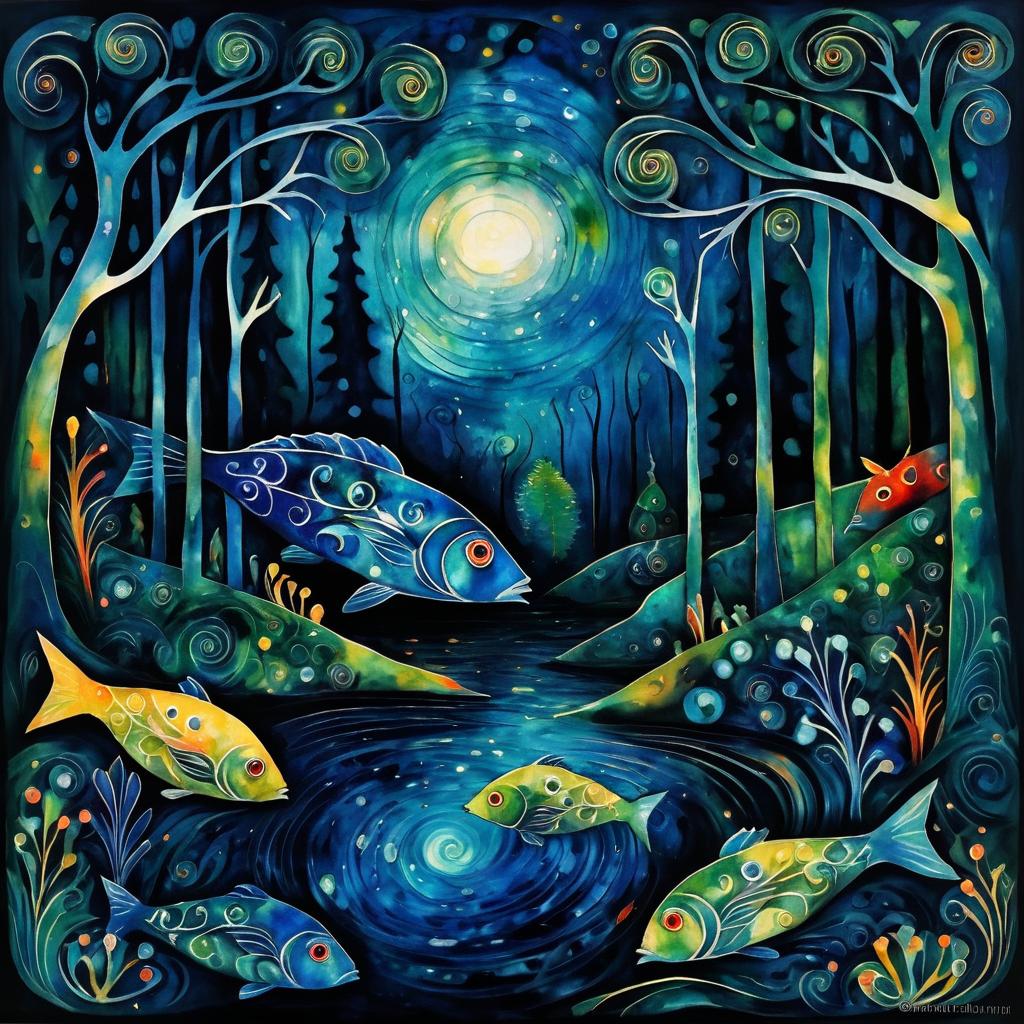 Surreal Forest Fish: Chagall and Munch Style