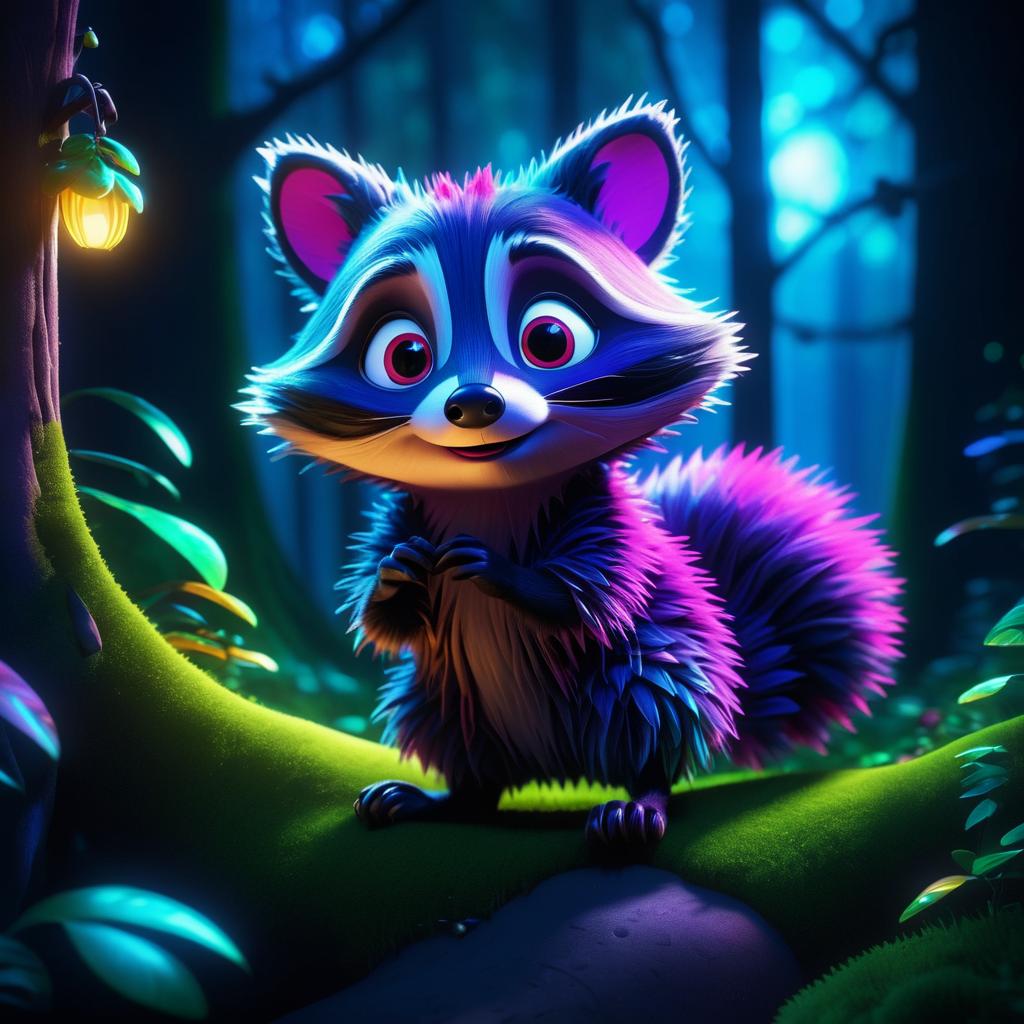 Vibrant Mischievous Raccoon in Enchanted Forest