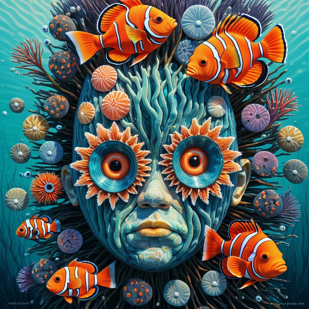 Psychedelic Anatomical Face with Sea Life