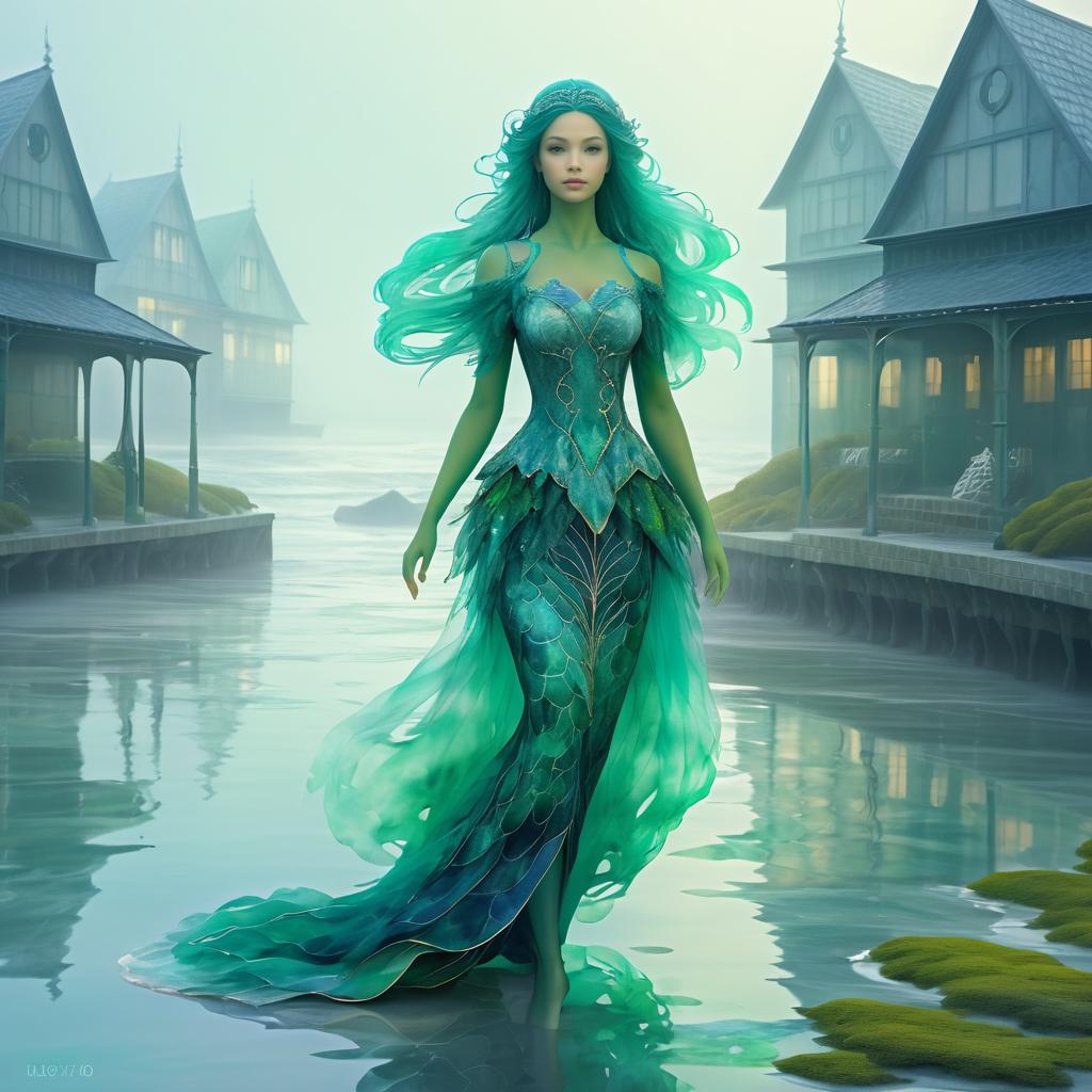 Serene Mermaid Wandering Foggy Shores